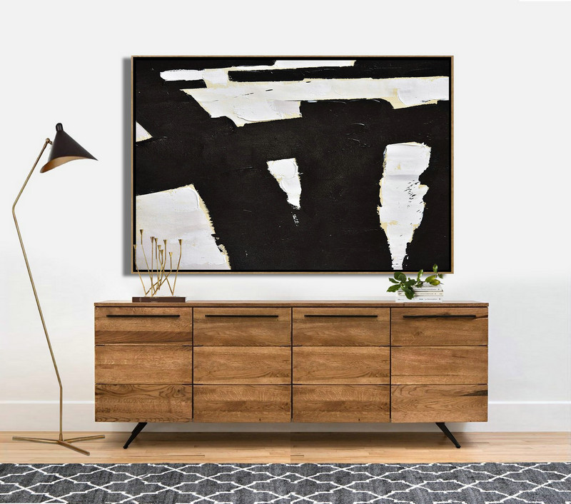 Hand Painted Abstract Art,Horizontal Palette Knife Minimal Canvas Art Painting Black White Beige - Xl Large Canvas Art
